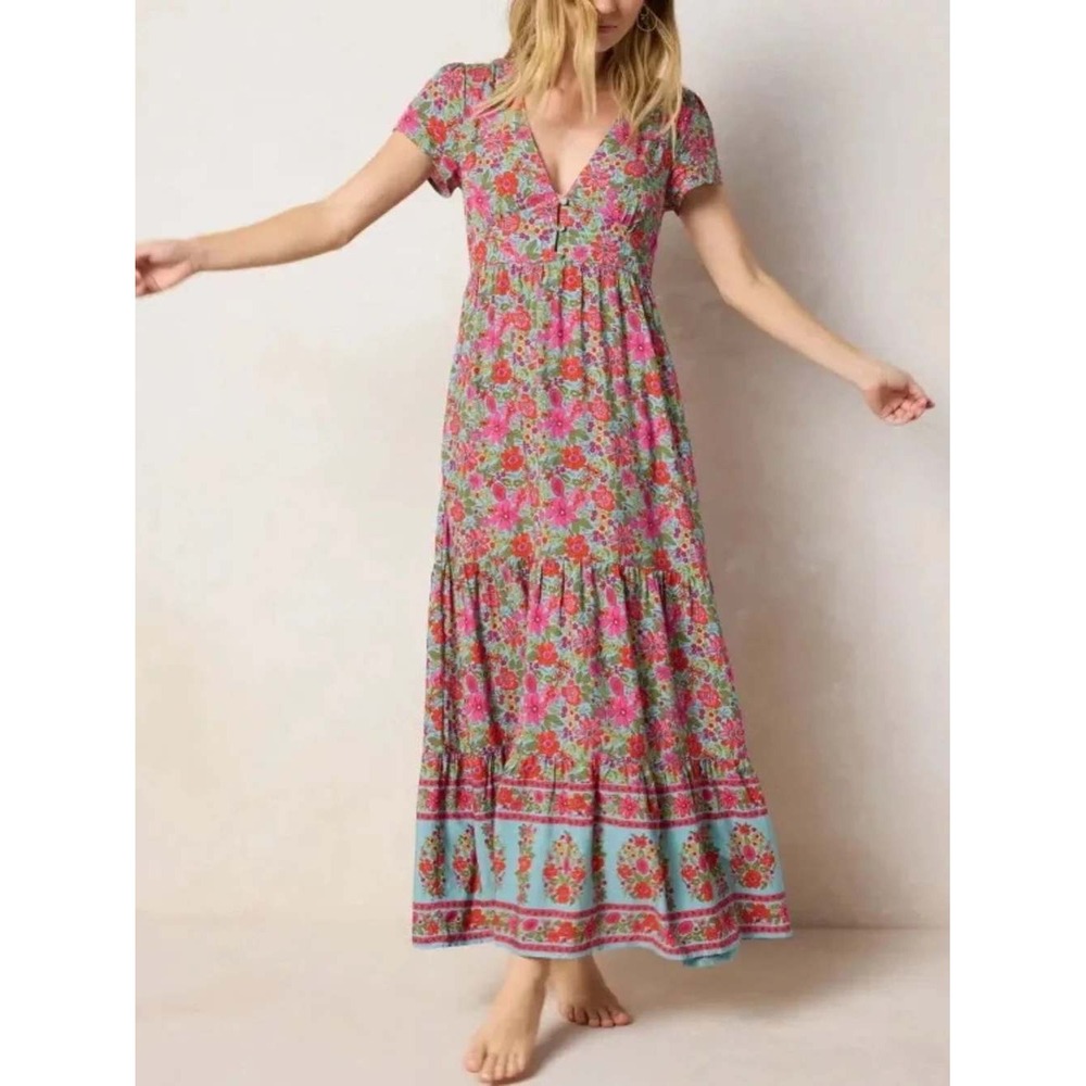 Natural Life Evangeline Dress Floral Maxi V-Neck Tiered Boho Blue Pink Large